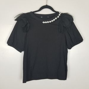 Simone Rocha black cotton short sleeve embellished top, size 40, nwot